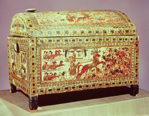 Toutankhamon (c.1370-1352 av. J.-C.) sur son char attaquant des Asiatiques, côté d
